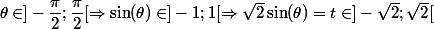 \theta \in ]-\dfrac{\pi}{2} ;\dfrac{\pi}{2}[ \Rightarrow \sin(\theta) \in ]-1 ; 1[ \Rightarrow \sqrt{2}\sin(\theta) = t \in ]-\sqrt{2} ; \sqrt{2}[ 